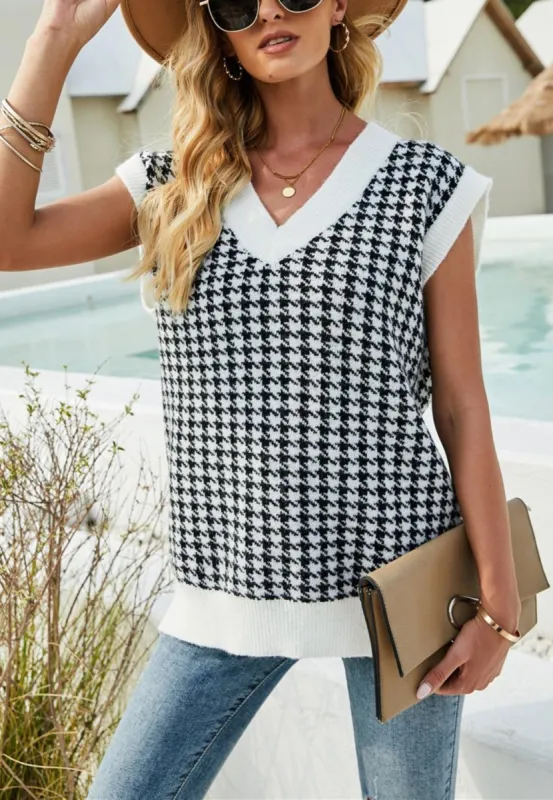 V-Neck Knit Houndstooth Tunic Sweater Vest sold by Anna-Kaci