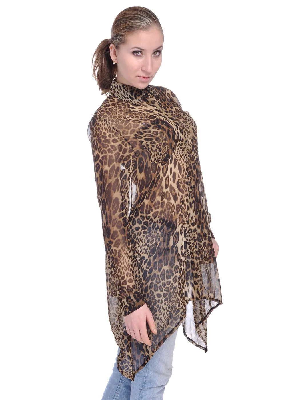 Womens Asymmetrical Sheer Brown Leopard Cheetah Print Long Sleeve Top, Multicoloured, Medium sold by Anna-Kaci product image thumbnail 3