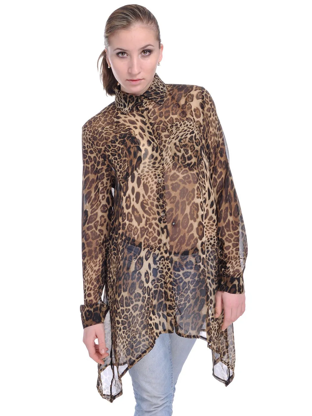 Womens Asymmetrical Sheer Brown Leopard Cheetah Print Long Sleeve Top, Multicoloured, Medium sold by Anna-Kaci