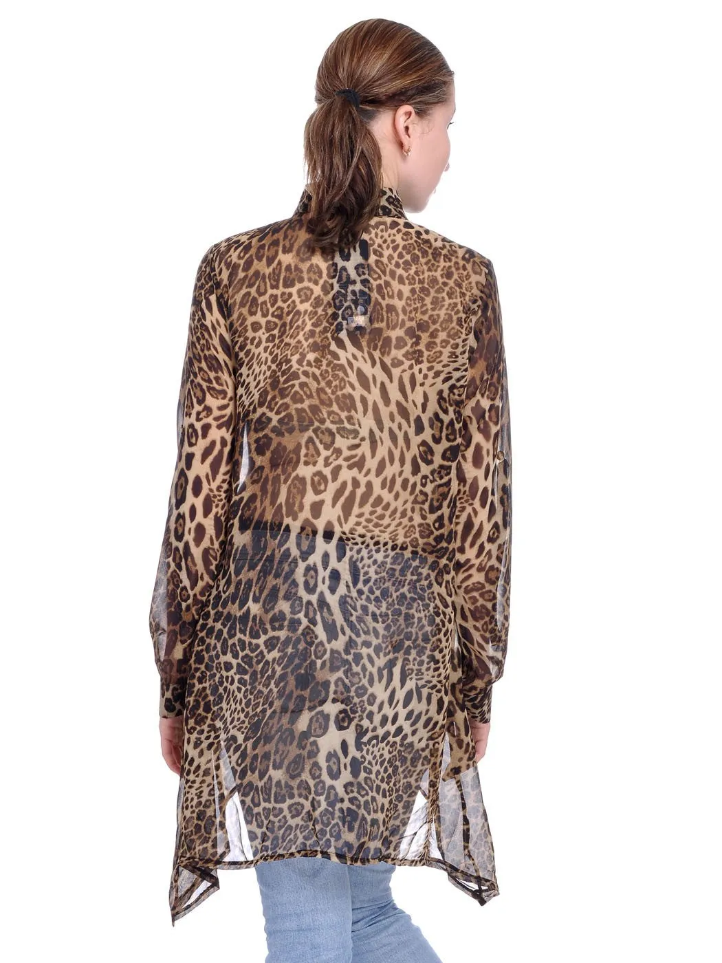 Womens Asymmetrical Sheer Brown Leopard Cheetah Print Long Sleeve Top, Multicoloured, Medium sold by Anna-Kaci product image thumbnail 2