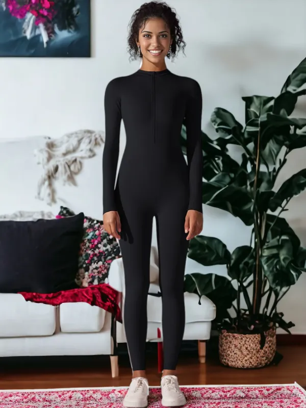 Long Sleeved Half-Zip One Piece Yoga Jumpsuit sold by Anna-Kaci