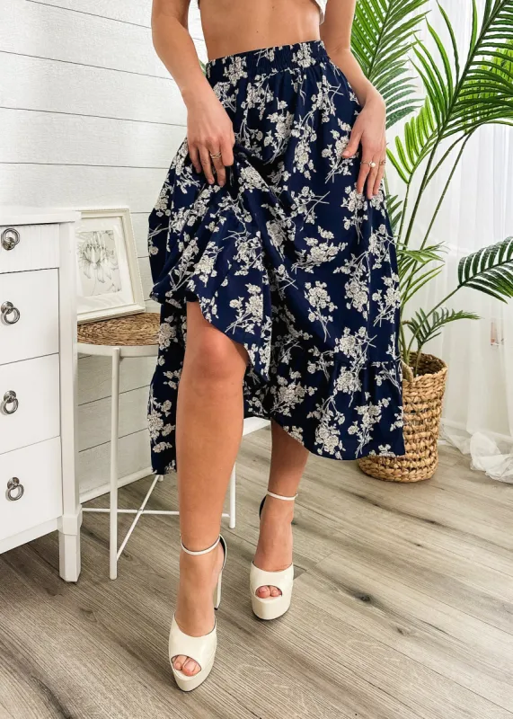 Gartered Floral Print Midi Skirt sold by Anna-Kaci