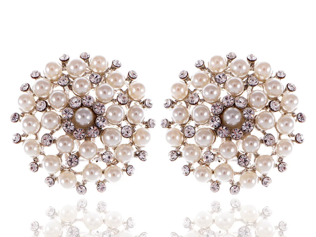 Swarovski Crystal Element Silver Floral Flower Wreath Shield Pearl Stud Earrings sold by Anna-Kaci