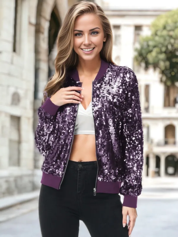 Sequin Bright Color Bomber Zip-Up Solid Jacket sold by Anna-Kaci