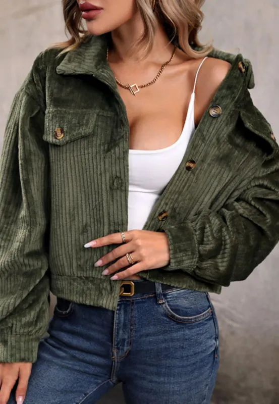 Velvet Corduroy Button Down Cuffed Sleeve Cropped Jacket sold by Anna-Kaci