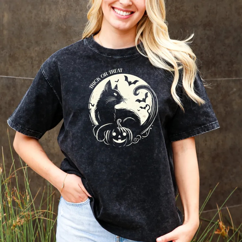 Trick or Treat Cat & Pumpkin Tee - Full Moon, Bats, Halloween Magic, Retro Halloween, Halloween Party Shirt, Gothic Style, Cat Lover sold by Anna-Kaci