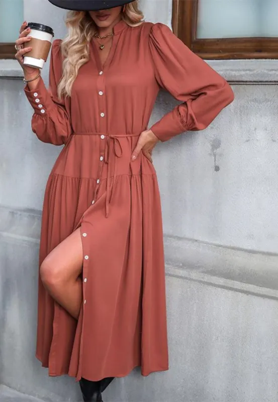 Notched V-Neck Button Detail Cuffed Puffed Sleeve Tie Waist Midi Dress sold by Anna-Kaci