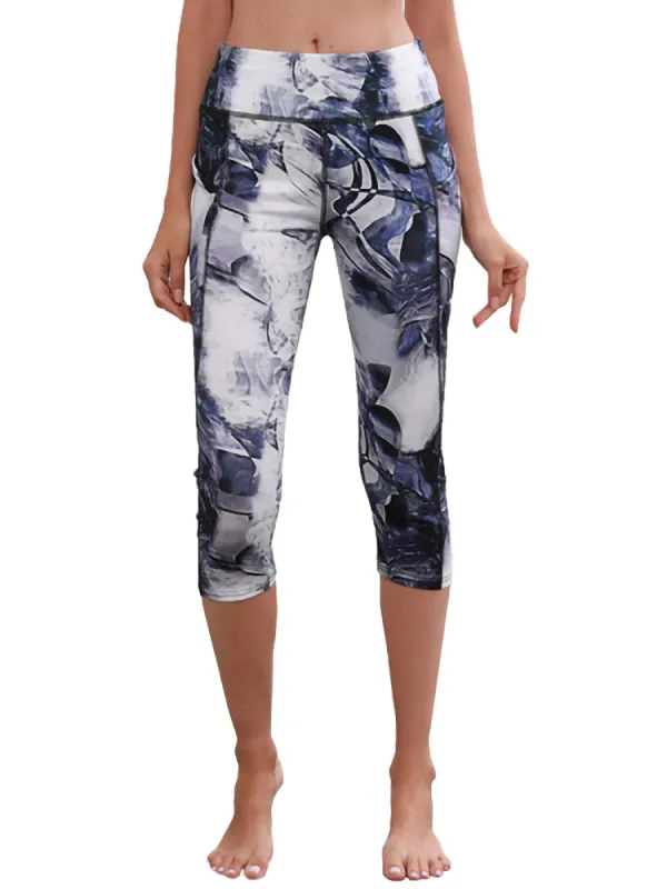 Printed High Waisted Blue White Yoga Gym Stretchy Capri Pants Leggings sold by Anna-Kaci