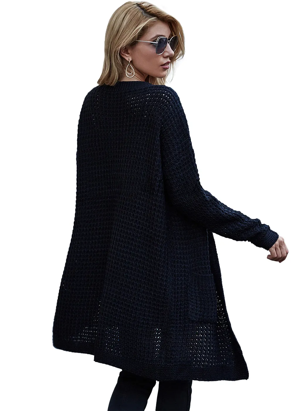 Anna-Kaci Women Solid Knit Long Sleeve Cardigan with Pockets, Open Front Lightweight Drop Shoulder Waffle Sweater Cover Up sold by Anna-Kaci product image thumbnail 3