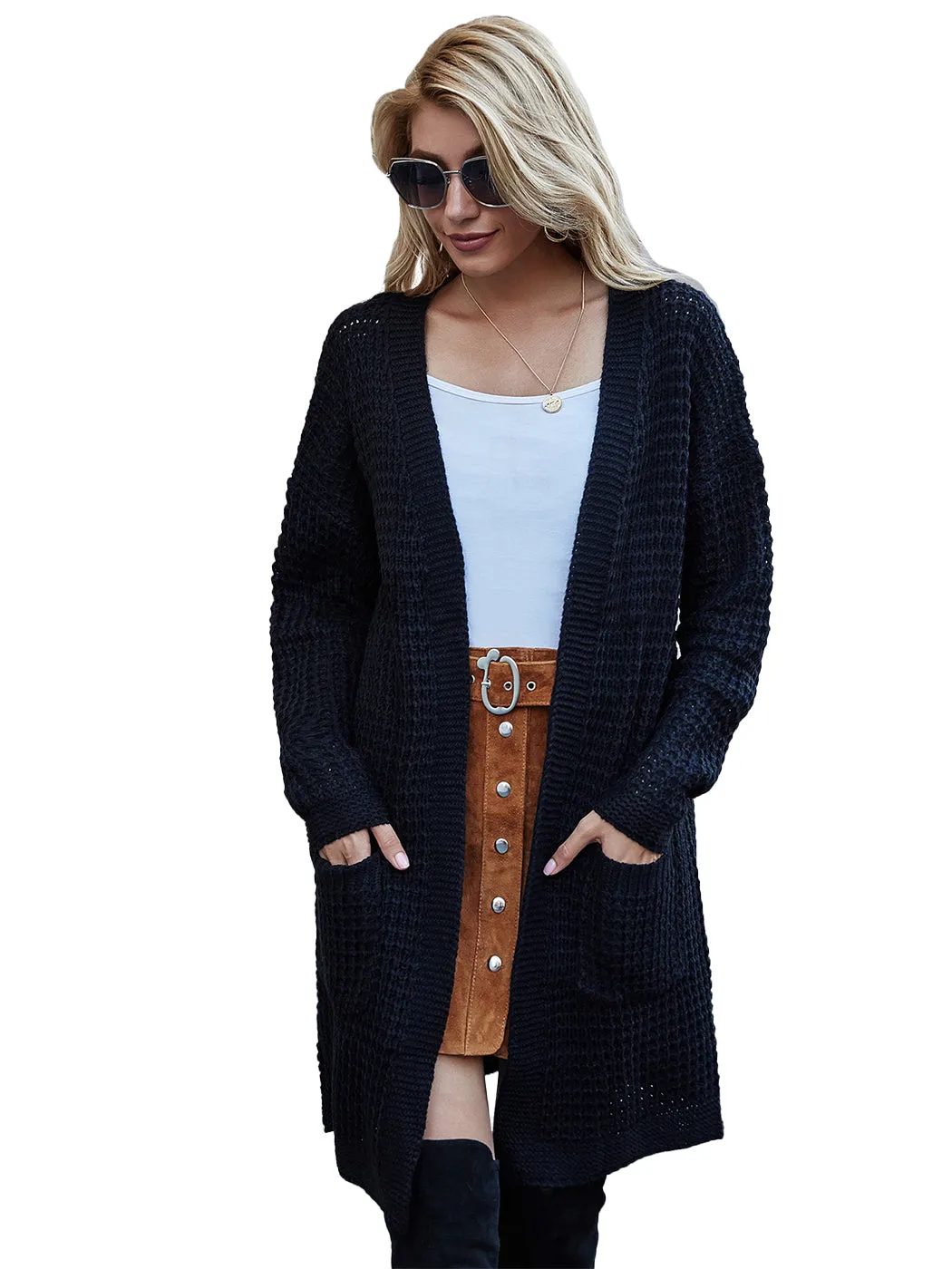 Anna-Kaci Women Solid Knit Long Sleeve Cardigan with Pockets, Open Front Lightweight Drop Shoulder Waffle Sweater Cover Up sold by Anna-Kaci
