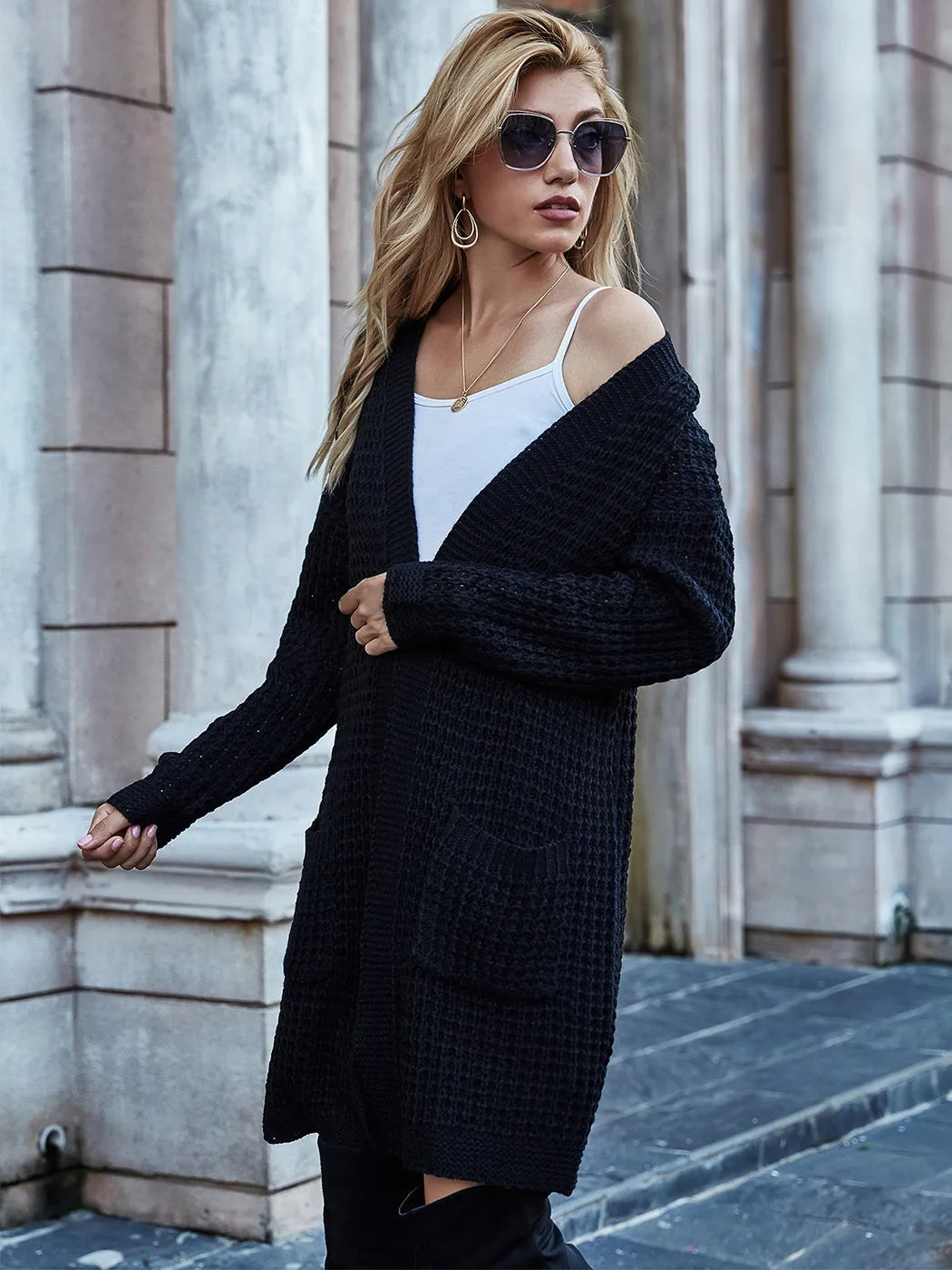 Anna-Kaci Women Solid Knit Long Sleeve Cardigan with Pockets, Open Front Lightweight Drop Shoulder Waffle Sweater Cover Up sold by Anna-Kaci product image thumbnail 2