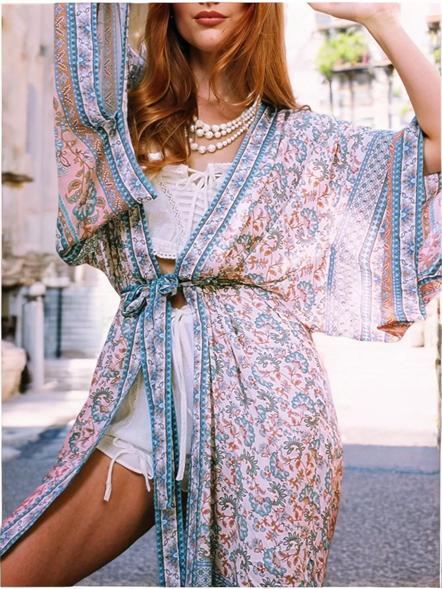 Anna-Kaci Women's Bohemian Print Kimono Robe with Belted Waist and Wide Sleeves sold by Anna-Kaci product image thumbnail 2