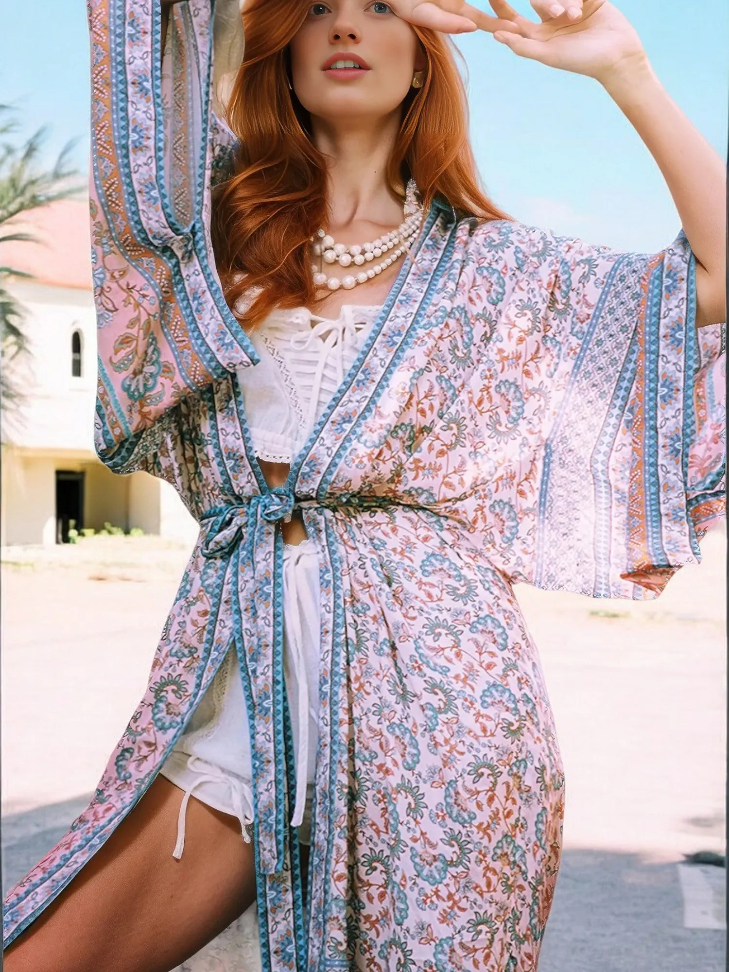 Anna-Kaci Women's Bohemian Print Kimono Robe with Belted Waist and Wide Sleeves sold by Anna-Kaci