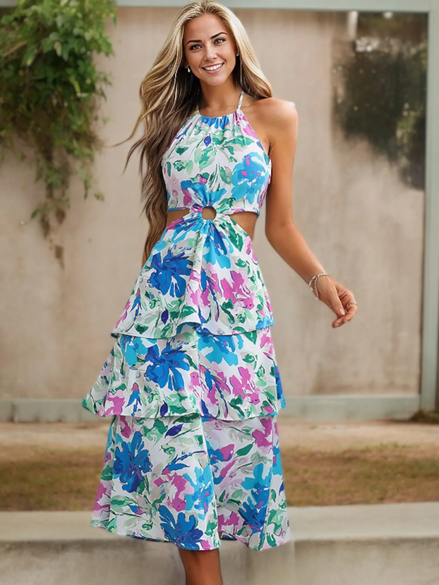 Halter Neck Floral Midi Dress with Cutout Waist and Ruffle Hem sold by Anna-Kaci