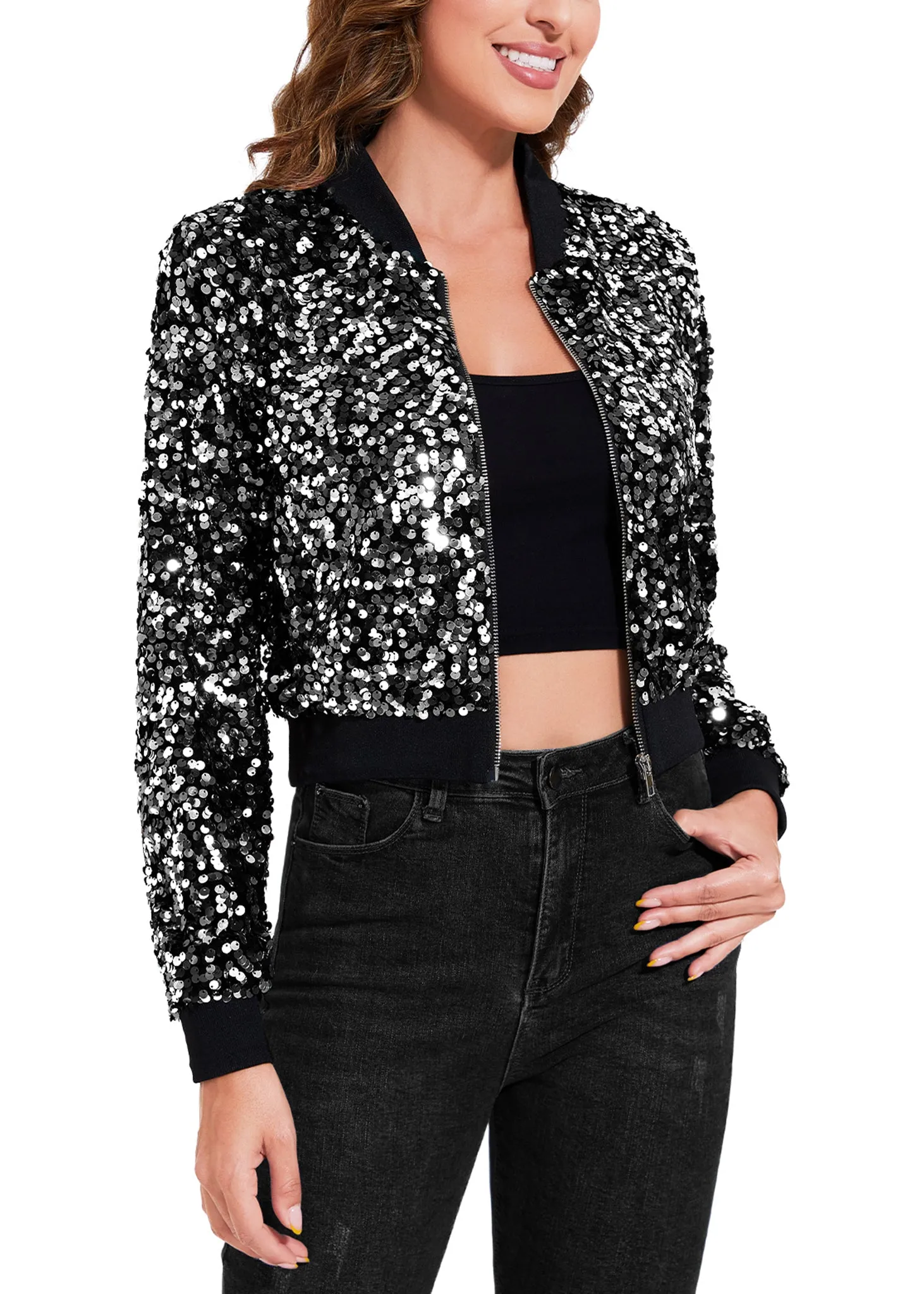 Anna-Kaci Women's Sparkly Sequin Cropped Jacket Long Sleeve Zipper Up Party Club Bomber Jacket sold by Anna-Kaci product image thumbnail 2