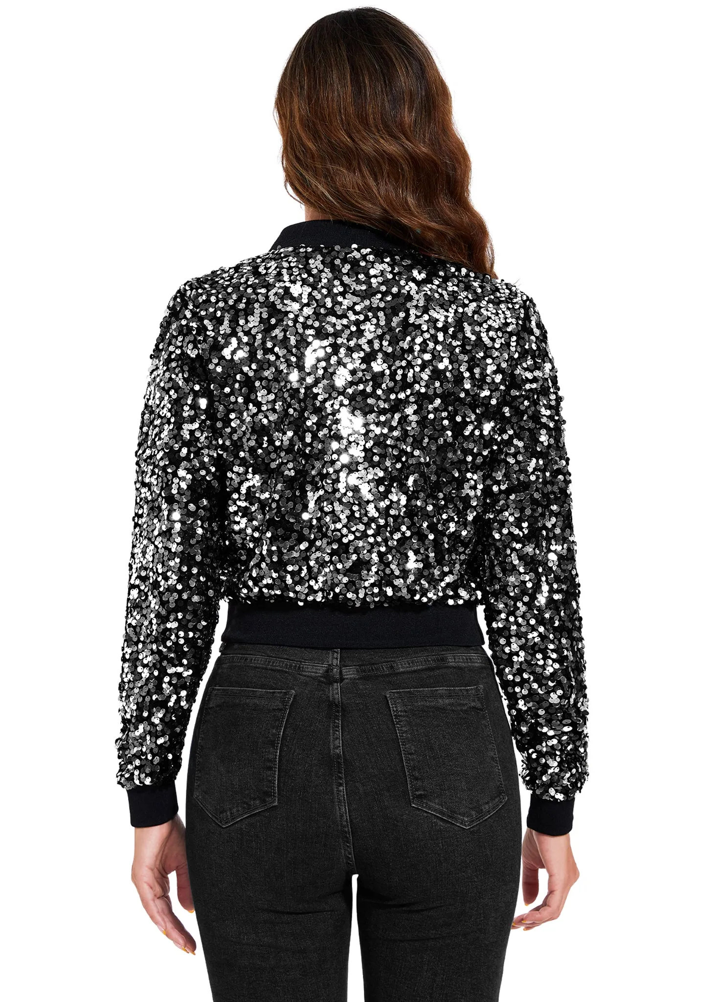 Anna-Kaci Women's Sparkly Sequin Cropped Jacket Long Sleeve Zipper Up Party Club Bomber Jacket sold by Anna-Kaci product image thumbnail 4