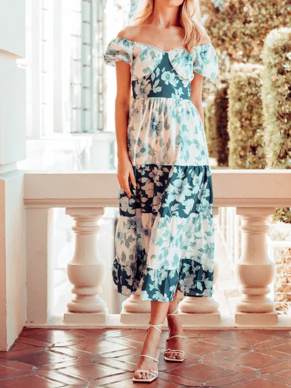 Backless Blue Tiered Floral Maxi Dress sold by Anna-Kaci