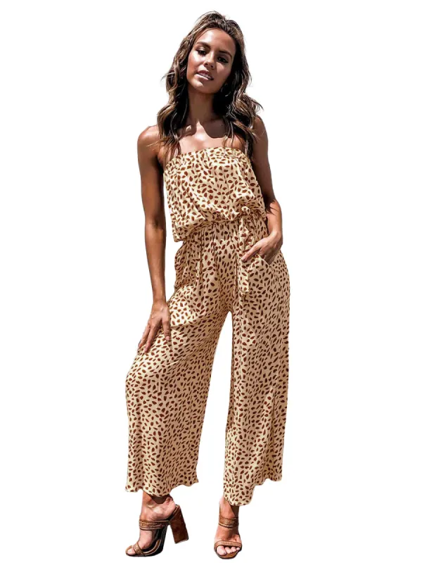 Anna-Kaci Women's Off Shoulder Jumpsuit Printed Belted Elastic Waist Wide Leg Romper with Pockets made by Anna-Kaci