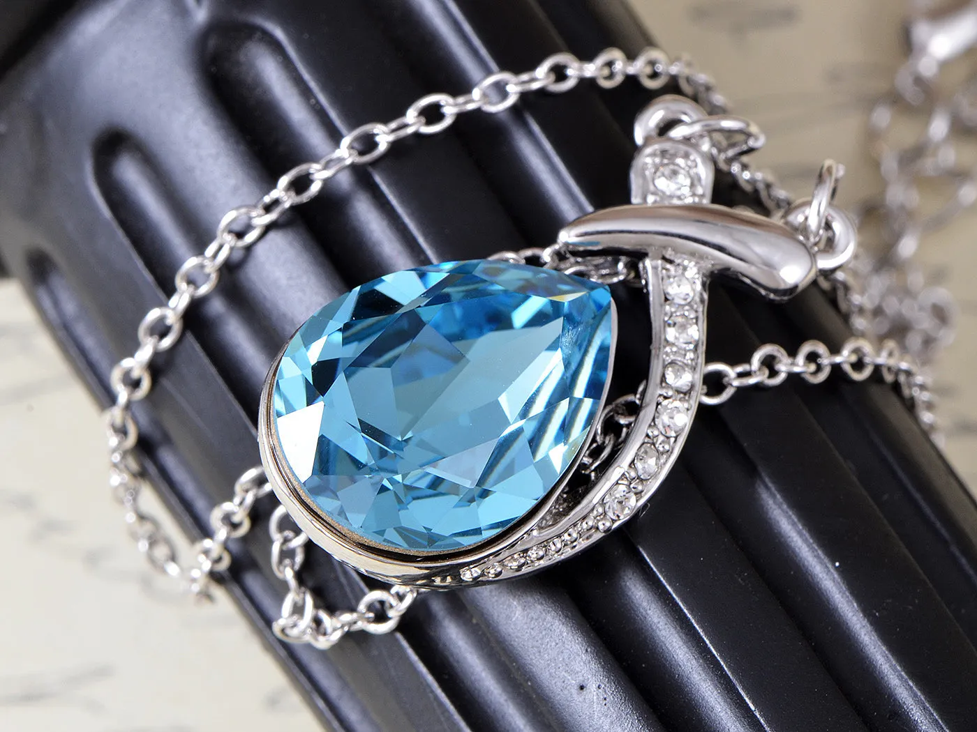 Swarovski Crystal Women's Blue Zircon Tear Drop Unique Abstract Necklace sold by Anna-Kaci product image thumbnail 4