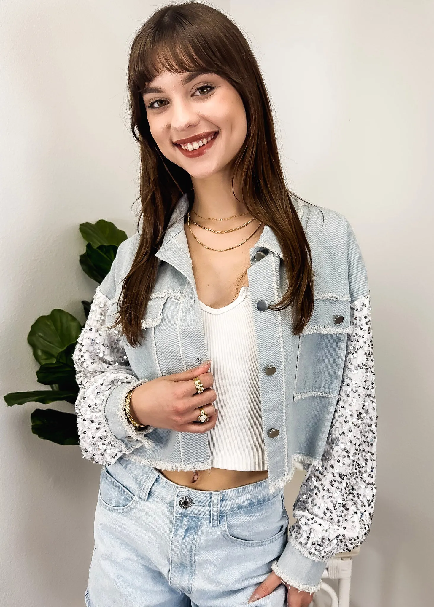 Anna-Kaci Women Sequin Long Sleeve Button Down Cropped Denim Jacket with Pockets sold by Anna-Kaci product image thumbnail 2