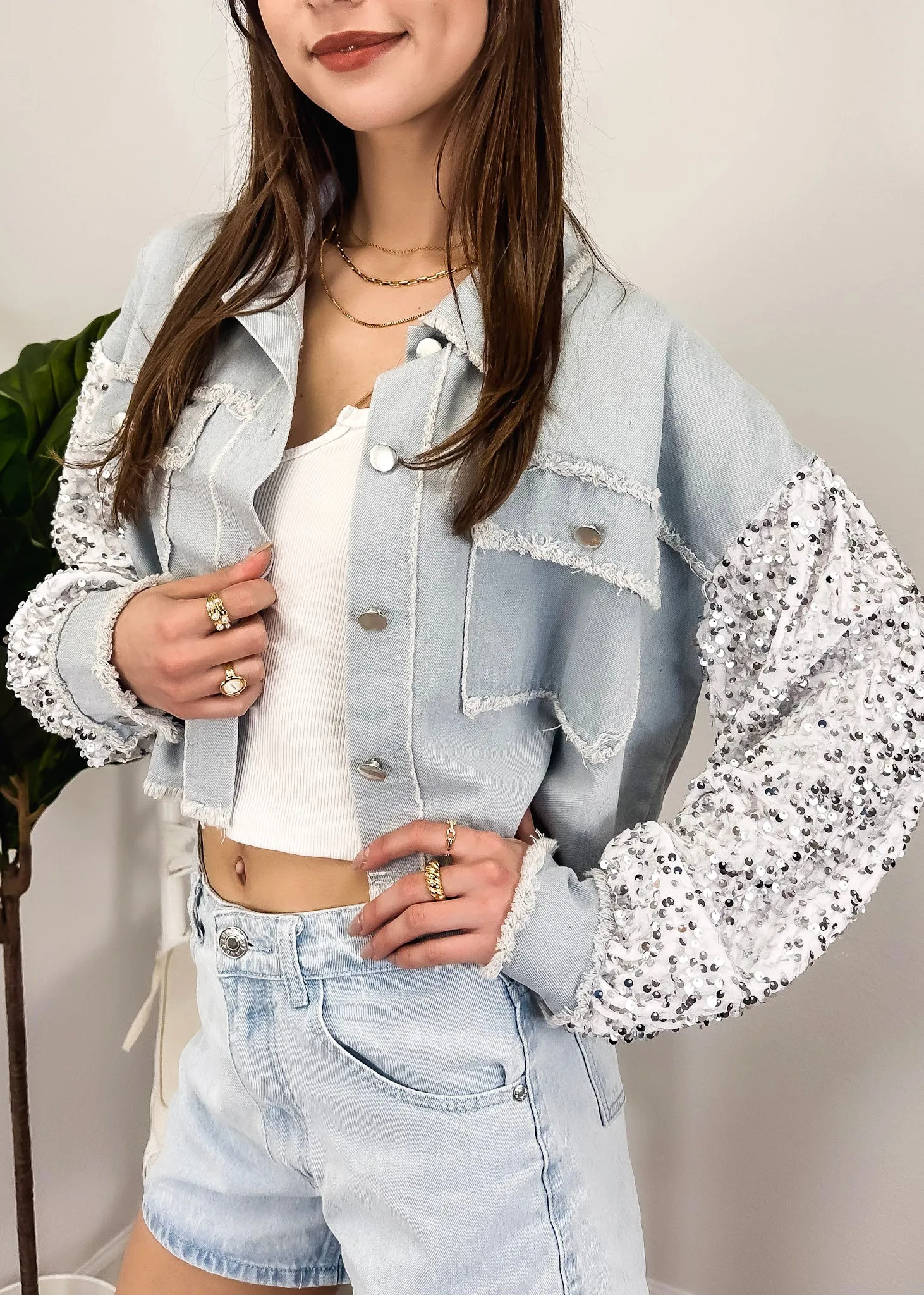 Anna-Kaci Women Sequin Long Sleeve Button Down Cropped Denim Jacket with Pockets sold by Anna-Kaci product image thumbnail 3