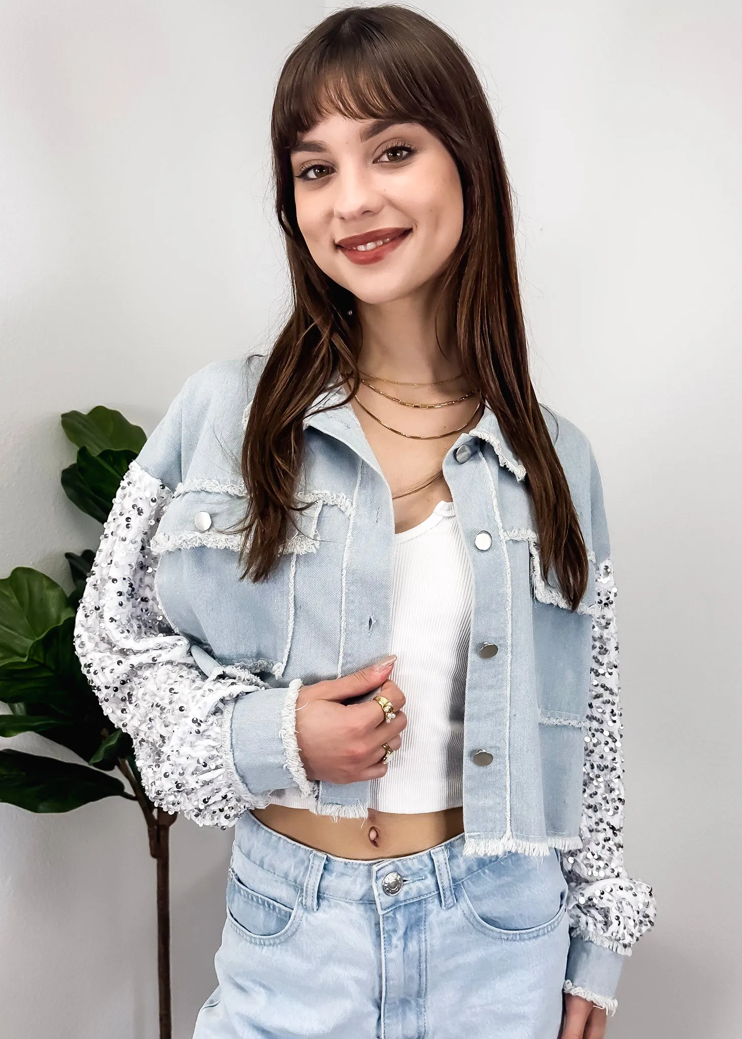 Anna-Kaci Women Sequin Long Sleeve Button Down Cropped Denim Jacket with Pockets sold by Anna-Kaci