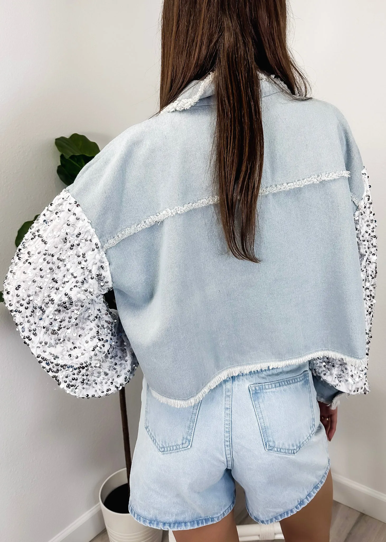 Anna-Kaci Women Sequin Long Sleeve Button Down Cropped Denim Jacket with Pockets sold by Anna-Kaci product image thumbnail 5