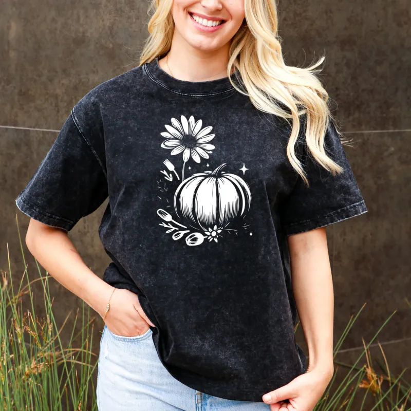 Pumpkin & Sunflower Boho Autumn Tee - Floral Elegance, Bohemian Vibes, Retro Fall Top, Fall Shirt, Boho Shirts, Wildflower sold by Anna-Kaci