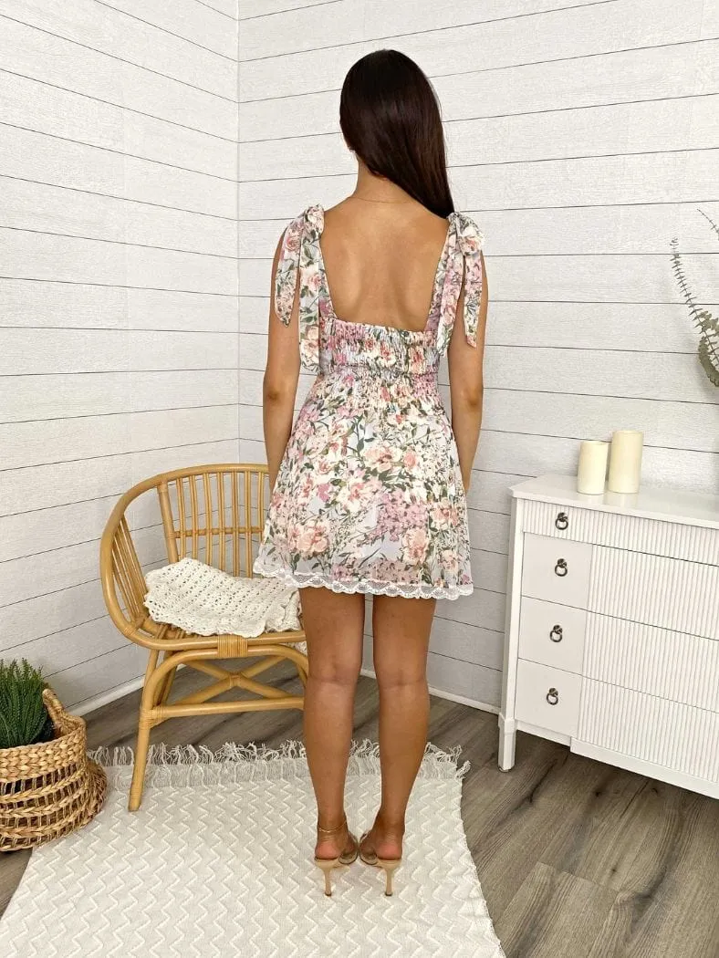 Floral Shoulder Tying Lace Trimmed Hem Mini Dress sold by Anna-Kaci product image thumbnail 3