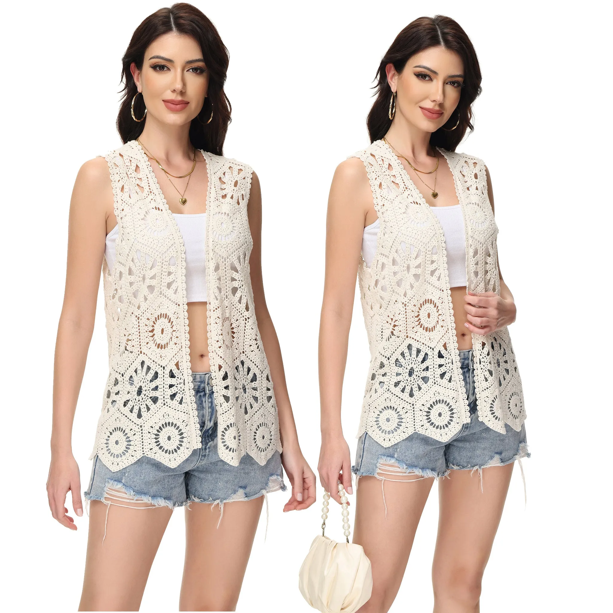 Anna-Kaci Womens Floral Crochet Cardigan Lace Trim Sleeveless Open Front Vest sold by Anna-Kaci product image thumbnail 5