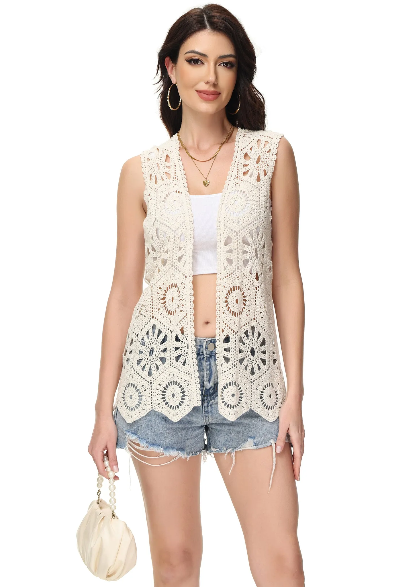 Anna-Kaci Womens Floral Crochet Cardigan Lace Trim Sleeveless Open Front Vest sold by Anna-Kaci product image thumbnail 2