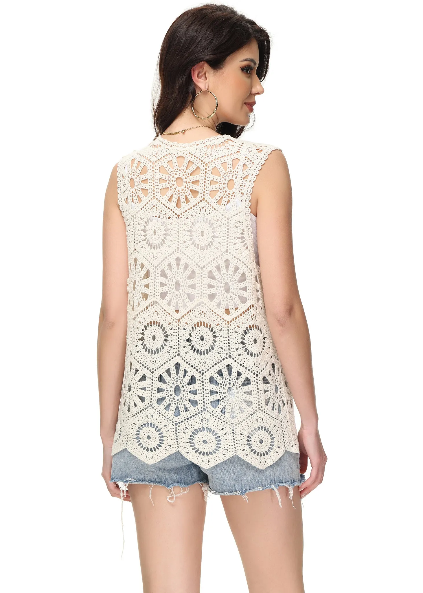 Anna-Kaci Womens Floral Crochet Cardigan Lace Trim Sleeveless Open Front Vest sold by Anna-Kaci product image thumbnail 3