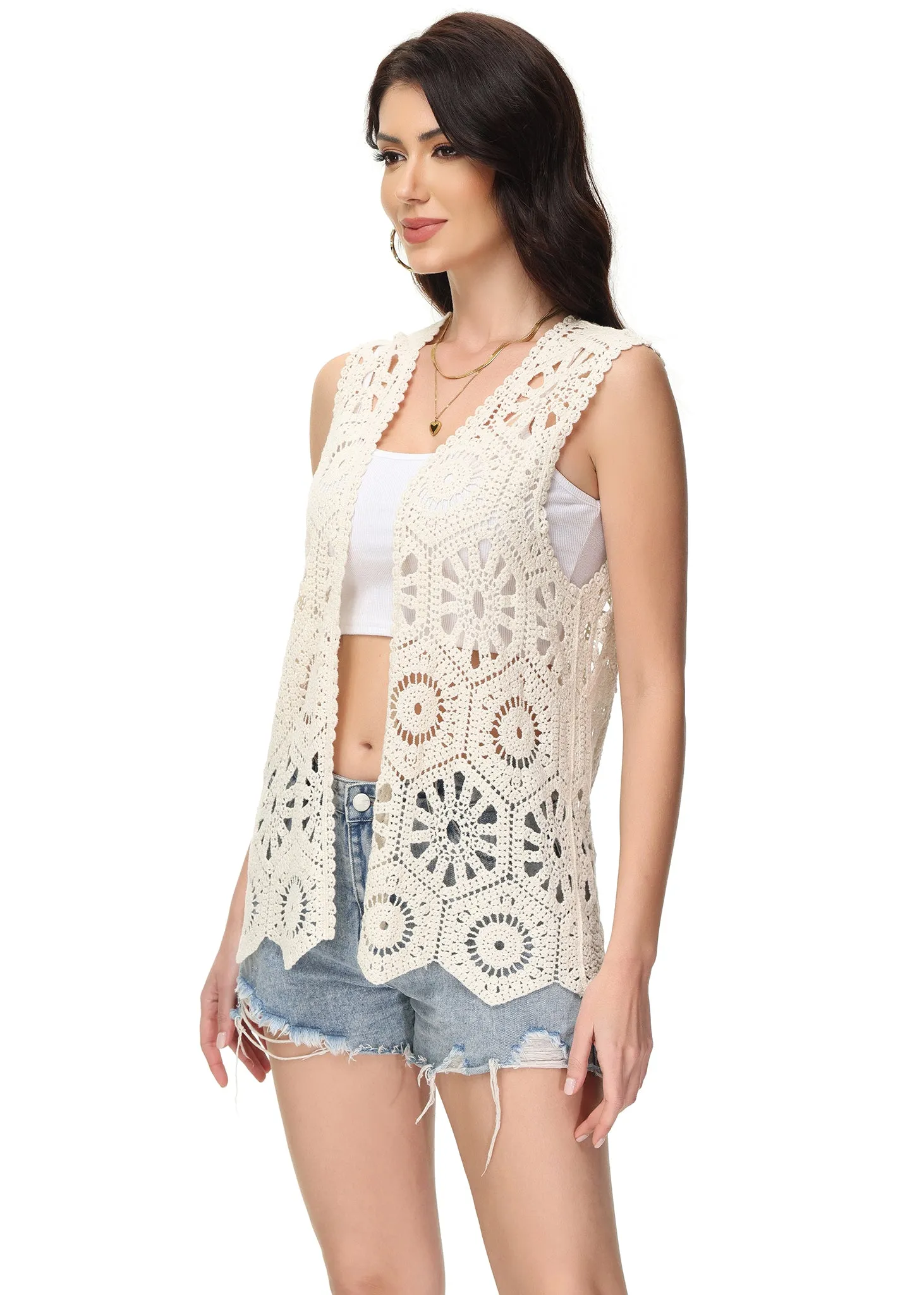 Anna-Kaci Womens Floral Crochet Cardigan Lace Trim Sleeveless Open Front Vest sold by Anna-Kaci product image thumbnail 4