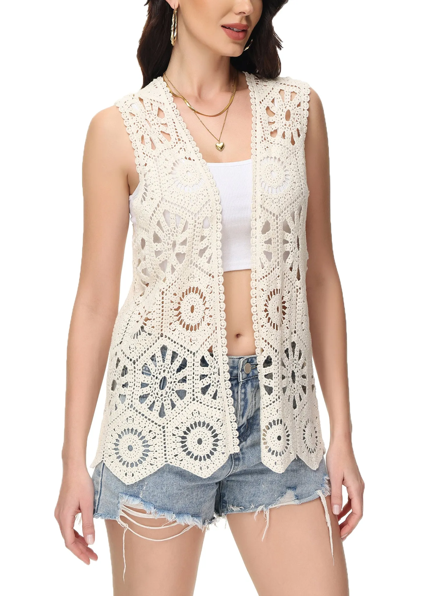 Anna-Kaci Womens Floral Crochet Cardigan Lace Trim Sleeveless Open Front Vest sold by Anna-Kaci