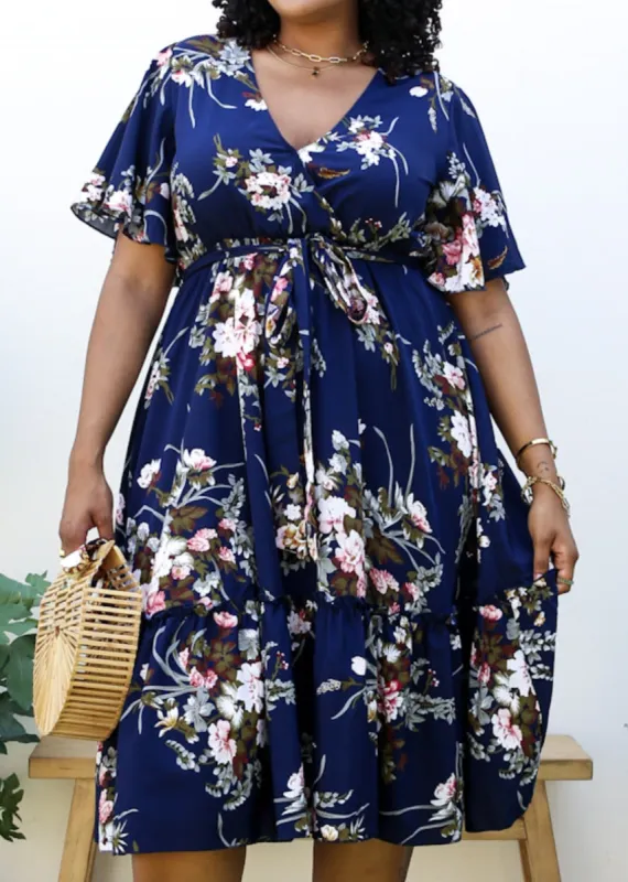 Plus Size V Neck Floral Print Flowy Navy Maxi Dress sold by Anna-Kaci