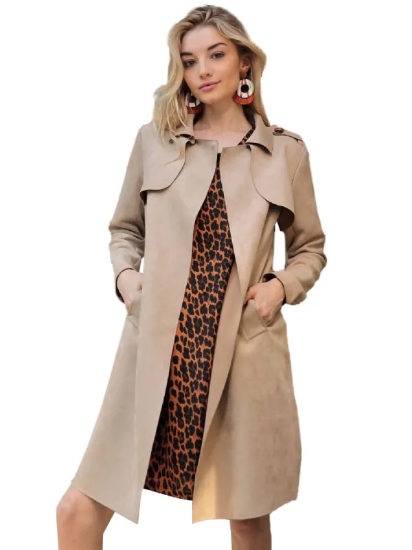 Vegan Leather Suede Belted Trench Coat sold by Anna-Kaci