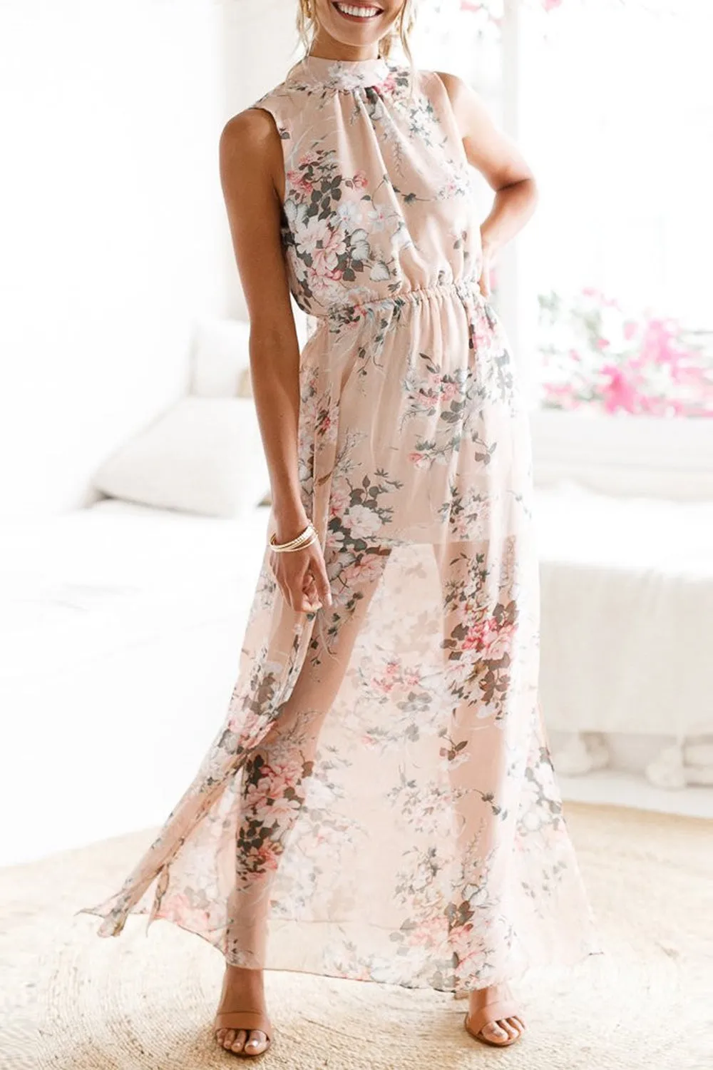 Soft Floral Pink Halter Dress sold by Anna-Kaci product image thumbnail 3