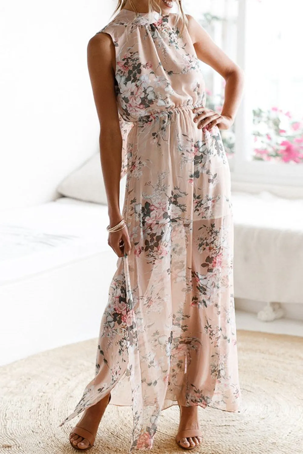 Soft Floral Pink Halter Dress sold by Anna-Kaci product image thumbnail 4