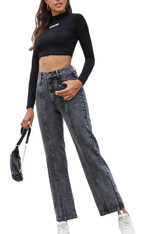 Acid Wash Front Seam Boot Cut High Waist Denim sold by Anna-Kaci
