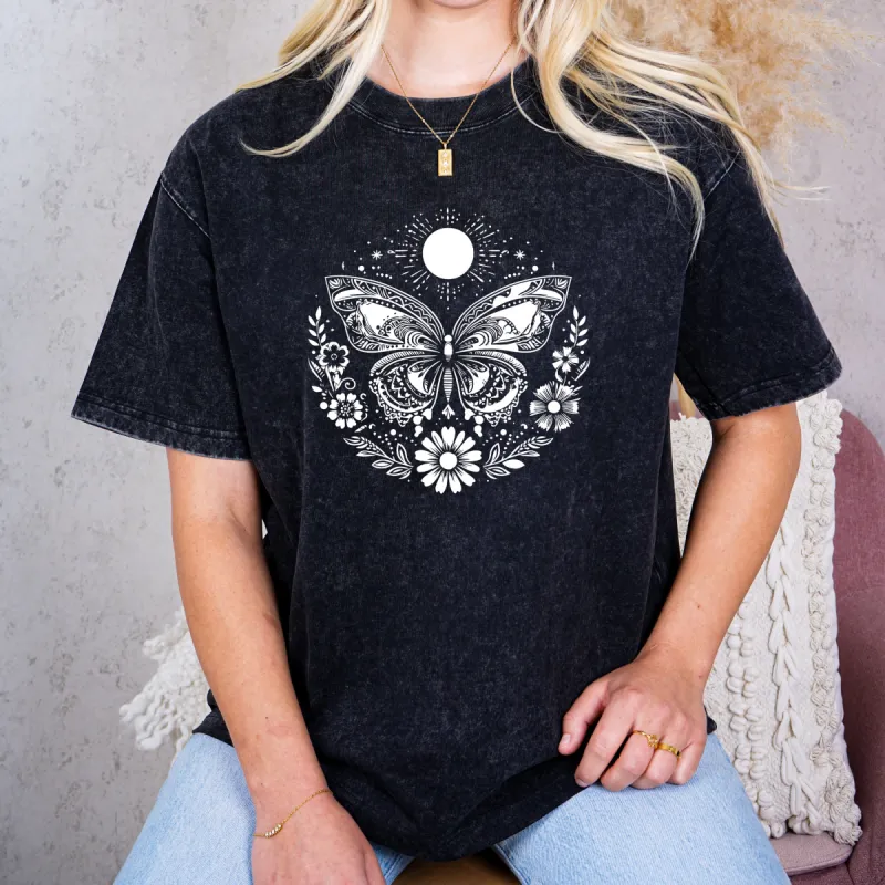 Butterfly & Flower Sunburst T-Shirt - Bold White Design, Acid Wash Aesthetic, Boho Shirts, Oversized Shirts, Wanderlust, Plant Girl sold by Anna-Kaci
