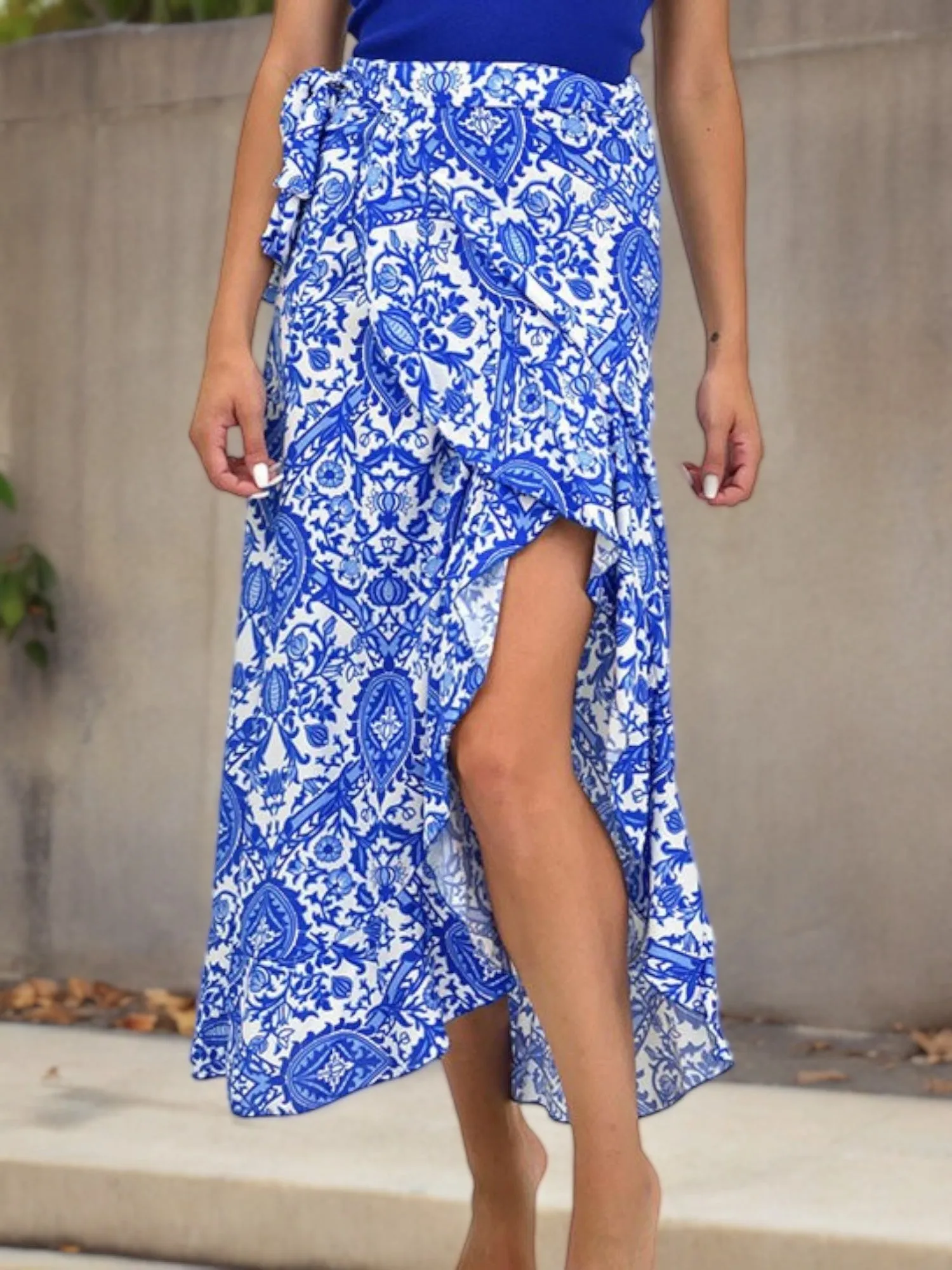 High-Waisted Wrap Maxi Skirt with Floral Print and Side Slit sold by Anna-Kaci