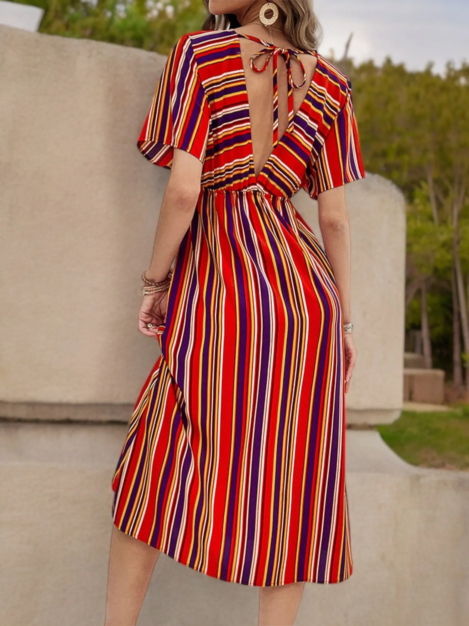 Short Sleeve Button Down Midi Dress with Colorful Stripes sold by Anna-Kaci product image thumbnail 4