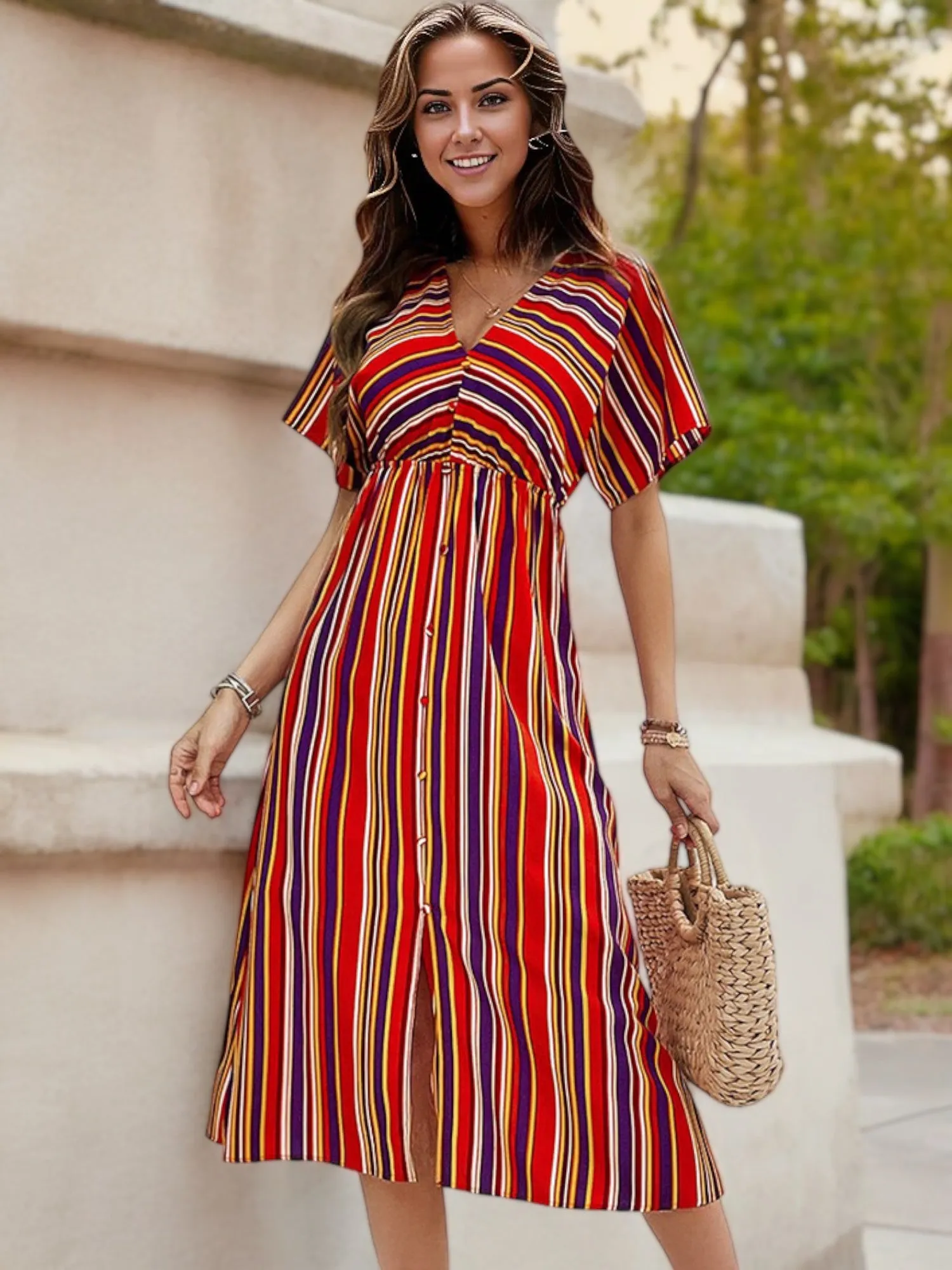 Short Sleeve Button Down Midi Dress with Colorful Stripes sold by Anna-Kaci product image thumbnail 2