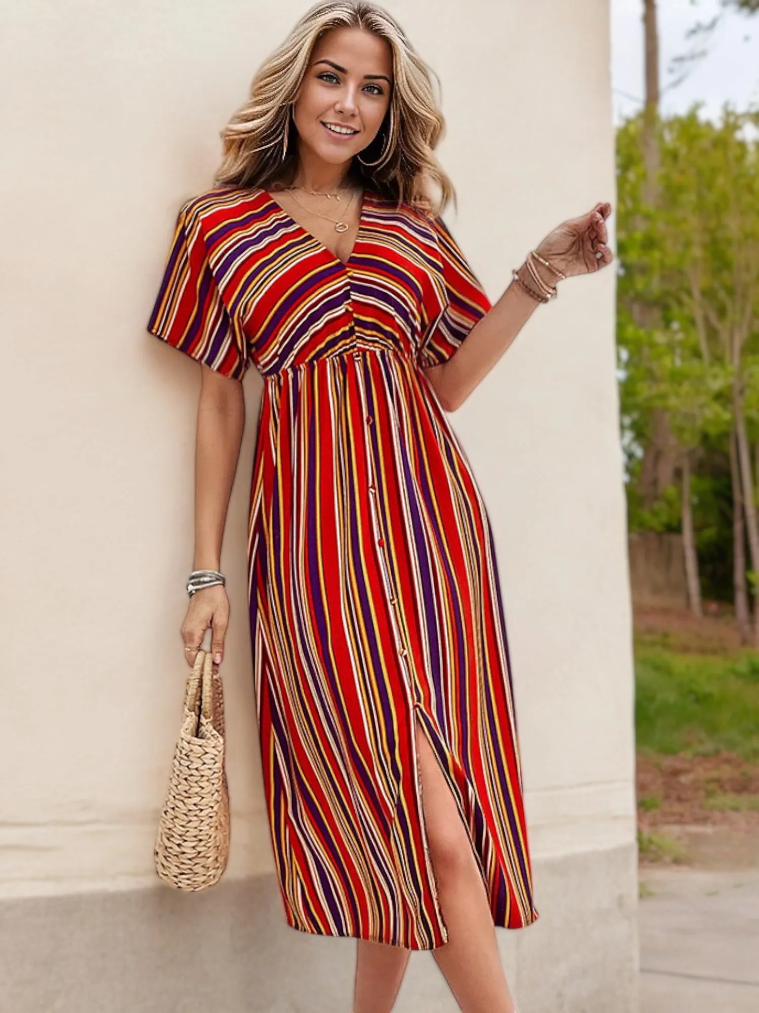 Short Sleeve Button Down Midi Dress with Colorful Stripes sold by Anna-Kaci product image thumbnail 3