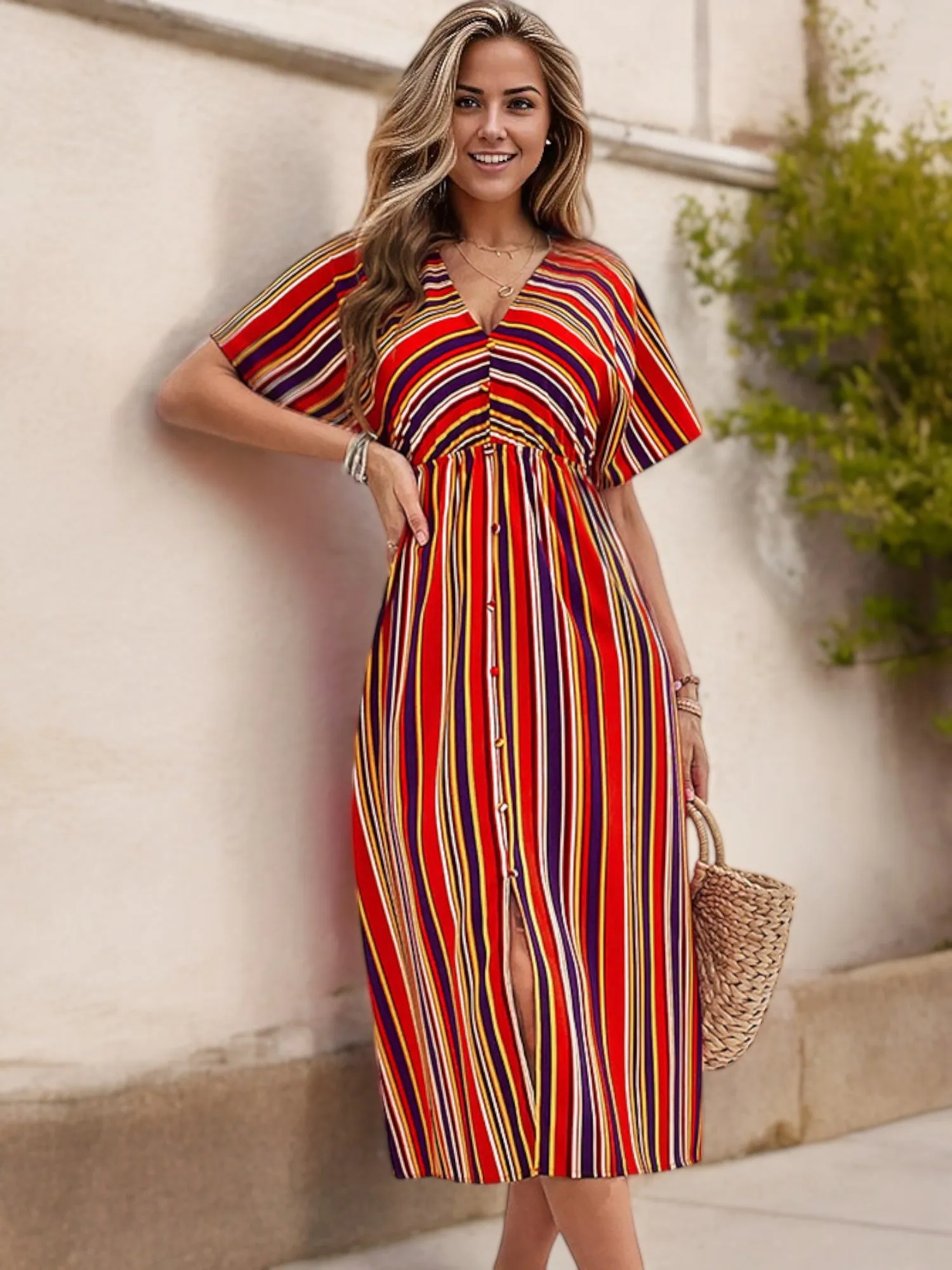 Short Sleeve Button Down Midi Dress with Colorful Stripes sold by Anna-Kaci