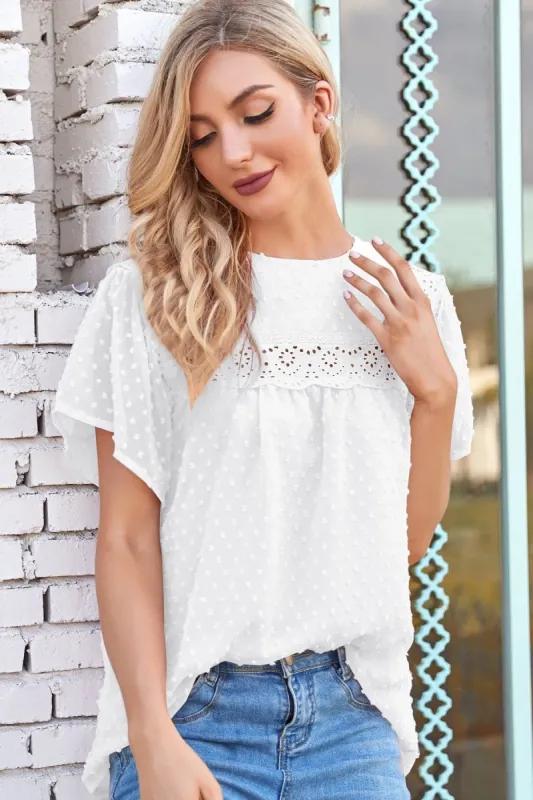 Puffed Sleeve Lace Clip Dot Blouse sold by Anna-Kaci