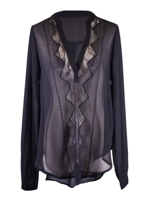 Lush Sheer Seductive Lace Embroidery Detail Woven Long Sleeves Chiffon Blouse sold by Anna-Kaci