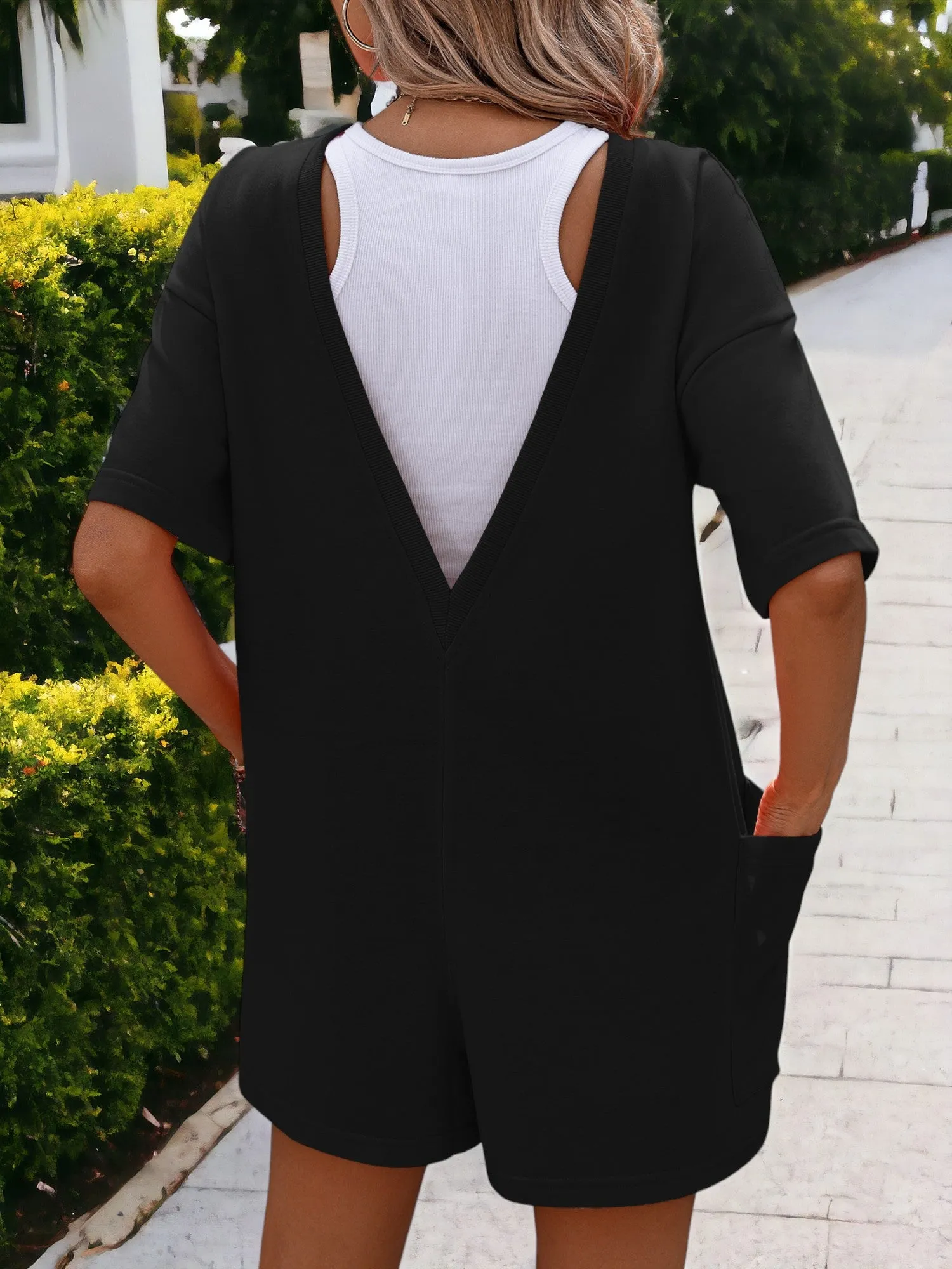 Round Neck Side Pocket Mid Sleeve V-Back Romper sold by Anna-Kaci product image thumbnail 2