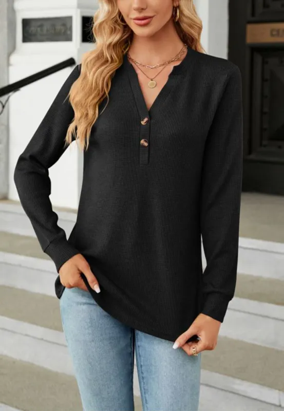 Split V Neck Button Sweater sold by Anna-Kaci