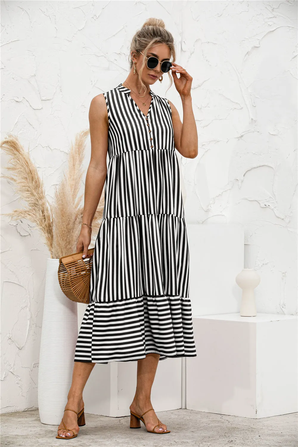 Striped Button Front Long Dress sold by Anna-Kaci product image thumbnail 2